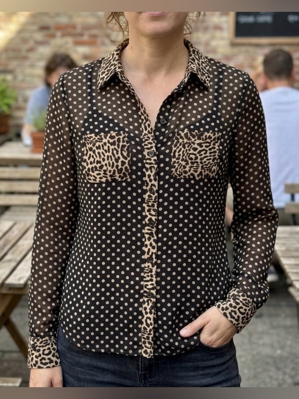 INC International Concepts Black Sheer Polka Dot Blouse with Tan Leopard Trim